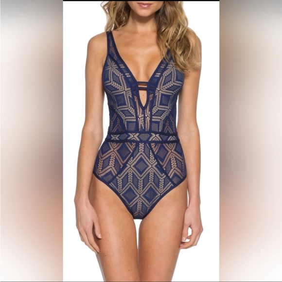 BECCA Other - Becca color play crochet plunge one piece navy swimsuit adjustable straps large